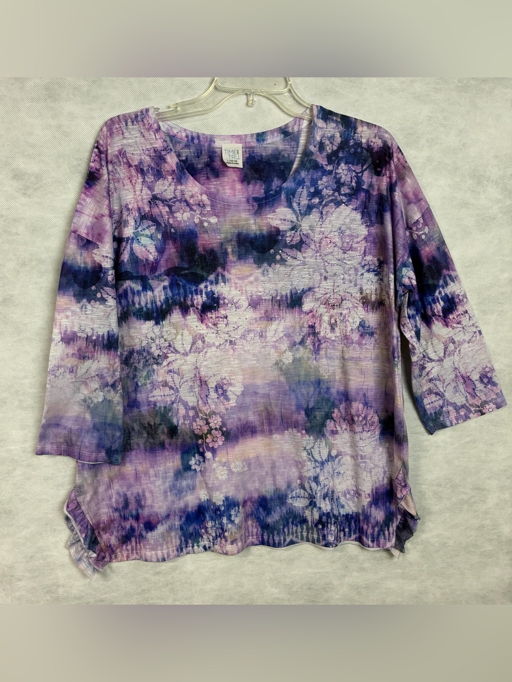 Time And Tru Shirt Womens Large Blue Purple 3/4 Sleeve Embellished Tee Classic
